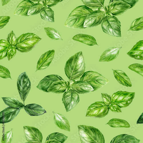 Leinwand Poster Watercolor seamless pattern basil herb on a color background.