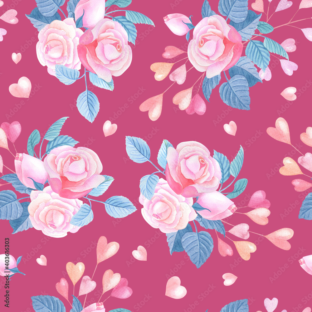 Pink watercolor roses, hearts on white background.Seamless pattern with abstract flowers. Valentines Day Watercolour Illustration for print,textile, fabric, wrapping paper,