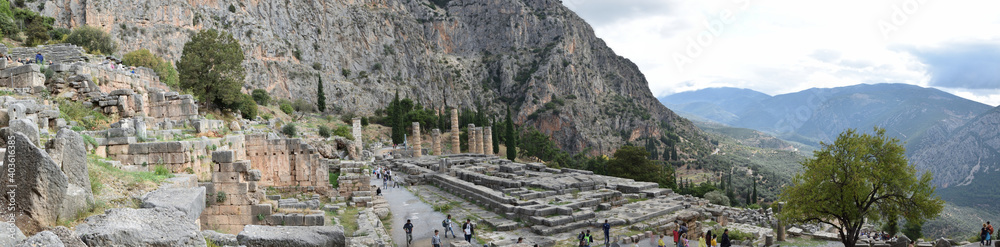 Panoramic view of the main monuments and places of Athens (Greece). Ruins of ancient Delphi. Oracle of Delphi
