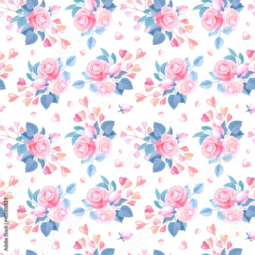 Pink watercolor hearts,roses on white background. Seamless pattern with abstract flowers.Valentines Day Watercolour Illustration for print,textile