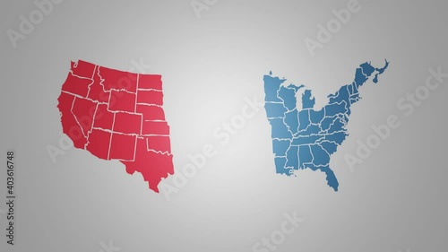Divided America conceptual 3d rendering motion animation. North America map dividing half.
