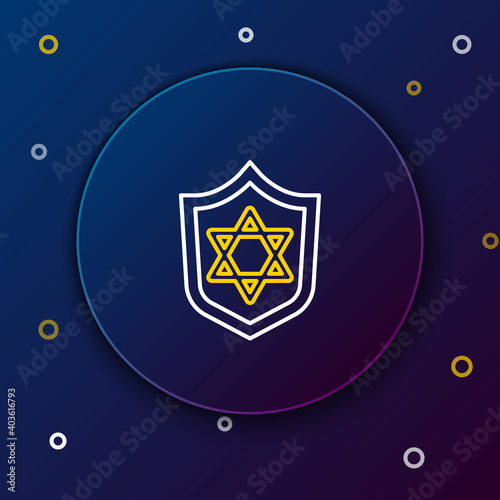 Line Shield with Star of David icon isolated on blue background. Jewish religion symbol. Symbol of Israel. Colorful outline concept. Vector.