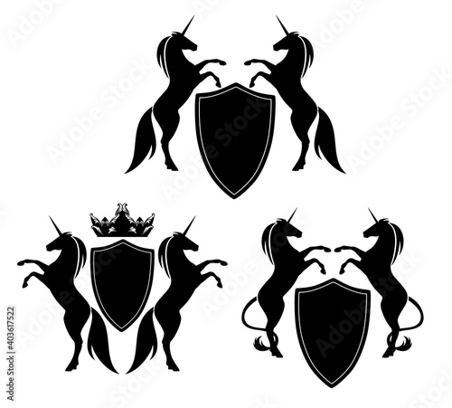 fairy tale unicorn horse rearing up by heraldic shield with crown - royal fantasy coat of arms black and white vector design set