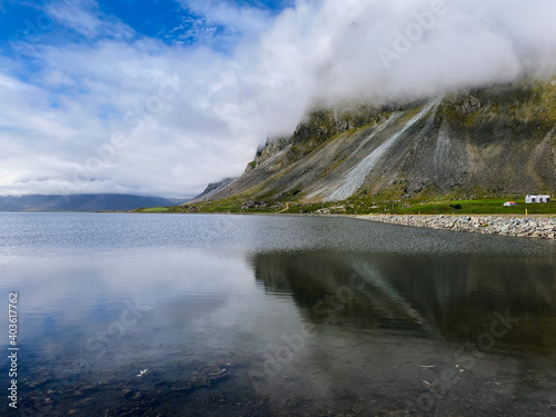 Lake and mountains with fog in Iceland