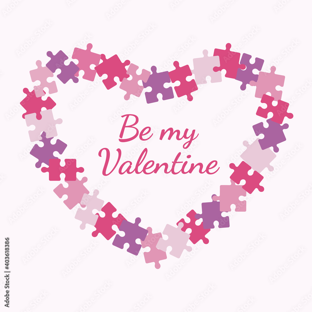 Valentine's Day holiday. Heart made from puzzle pieces on a light pink background. Inscription be my valentine