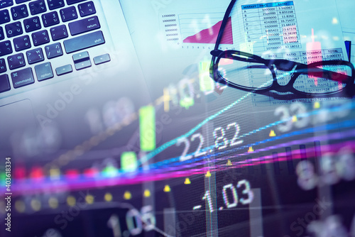 Fundamental and technical analysis for professional technical trading as concept. Digital graph of financial instruments with some indicators including of MACD. EMA and the volume analysis.