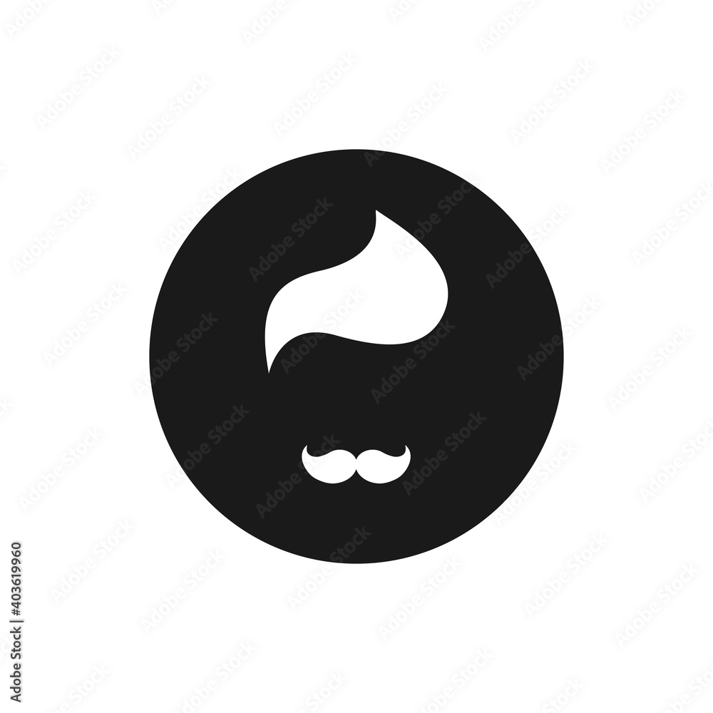 Silhouette of man's head with hair style and moustache in black circle.