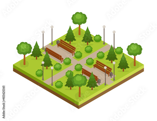 Isometric green city park with trees, alleys and benches, vector illustration