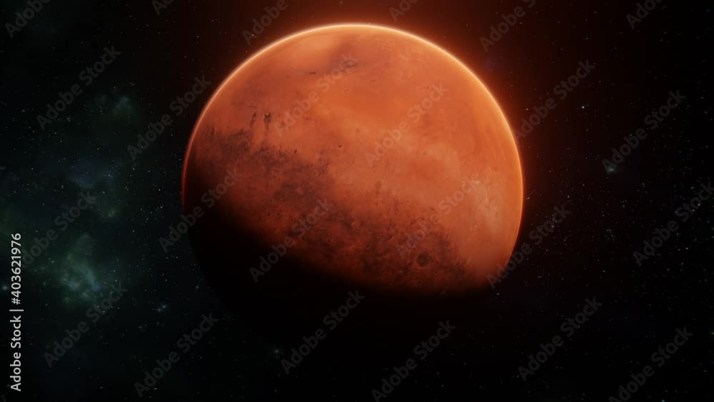 Illuminated Mars planet spinning around the axis. Front view of glowing Mars over stars background. Digital art space concept