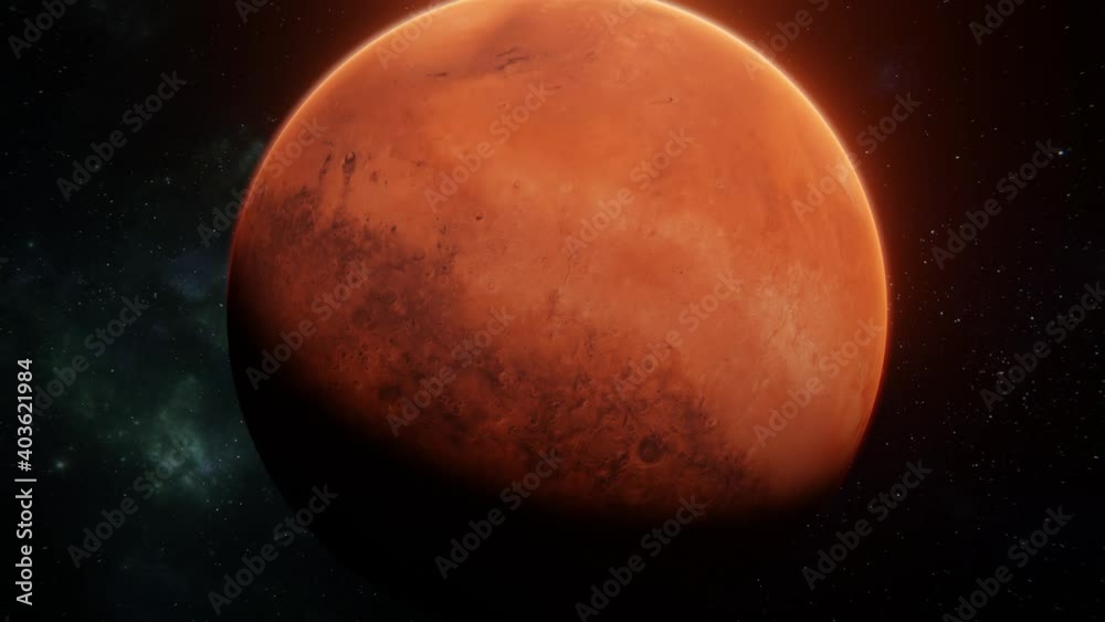Tracking in Mars red planet spinning around axis in space over stars and nebula background. Illuminated Mars zoom in shot. Realistic 3d art 4k visualisation Tracking in Mars red planet spinning around axis in space over stars and nebula background. Illuminated Mars zoom in shot. Realistic 3d art 4k visualisation