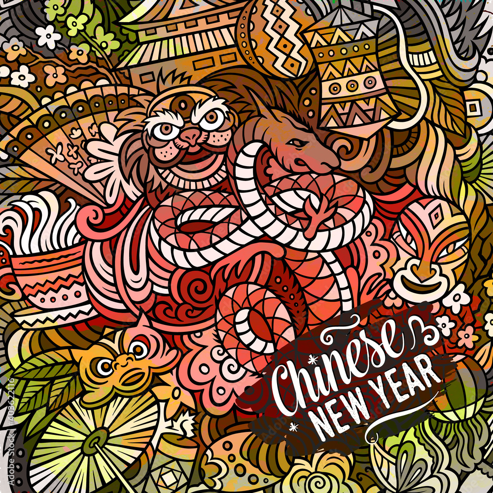 Chinese New Year hand drawn vector doodles illustration.