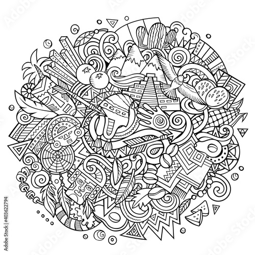 Peru hand drawn cartoon doodles illustration. Funny design.