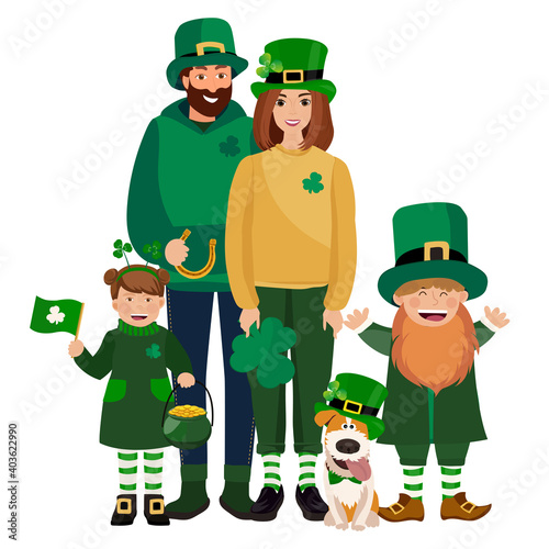 Happy family with different holiday symbols celebrating St. Patrick's Day, smiling. Holiday and celebration concept. Vector illustration