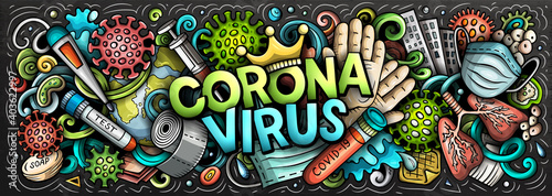 Coronavirus hand drawn cartoon doodles illustration. Colorful raster banner