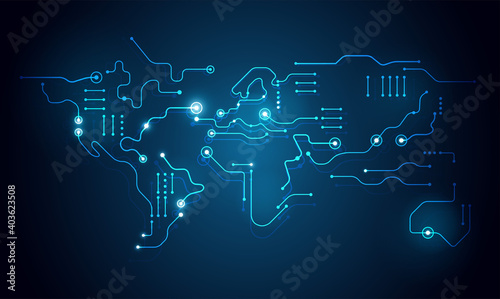 High tech abstract technology background - world map circuit board shape - vector
