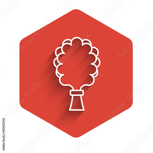 White line Sauna broom icon isolated with long shadow. Broom from birch twigs, branches for Russian steam bath, sauna, washhouse. Red hexagon button. Vector.