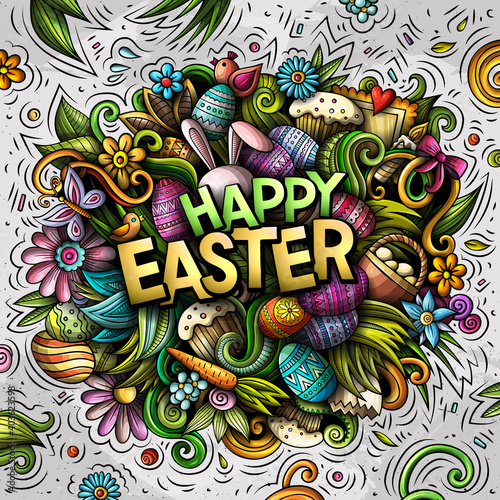 Happy Easter hand drawn cartoon doodles illustration.