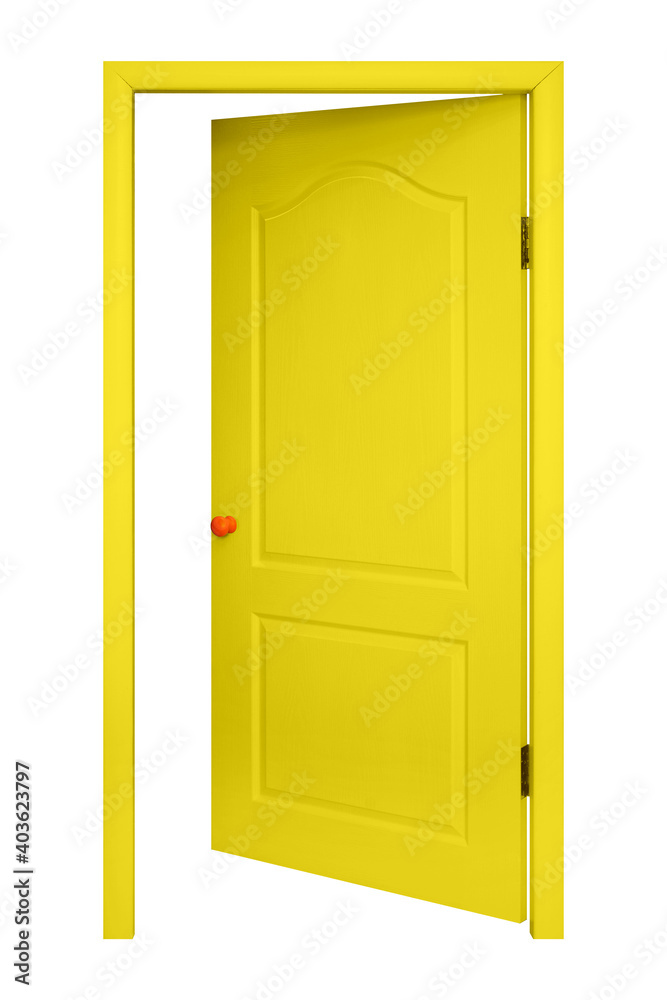 Furniture - Yellow inside open door in the orange handle. Isolated