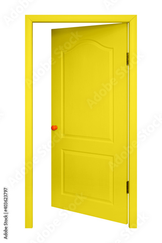 Fototapeta Naklejka Na Ścianę i Meble -  Furniture - Yellow inside open door in the orange handle. Isolated