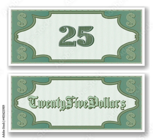Sample paper certificate for 25 dollars. Obverse and reverse of the bill. Micronumbers. EPS10