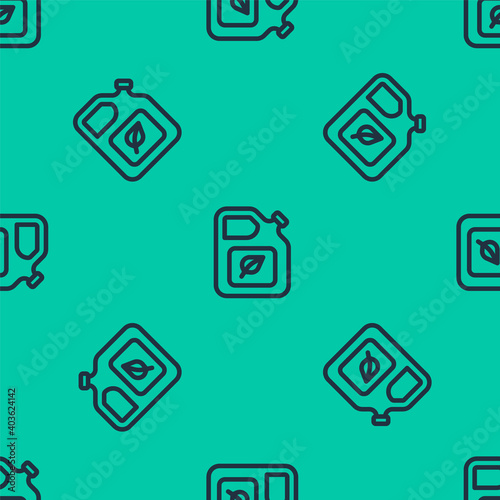 Blue line Bio fuel canister icon isolated seamless pattern on green background. Eco bio and barrel. Green environment and recycle. Vector.