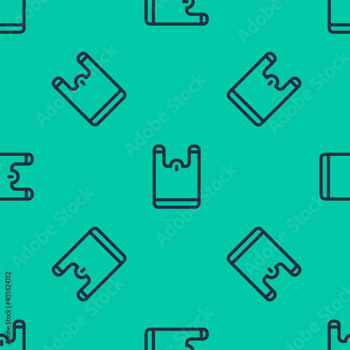 Blue line Plastic bag icon isolated seamless pattern on green background. Disposable cellophane and polythene package prohibition sign. Vector.