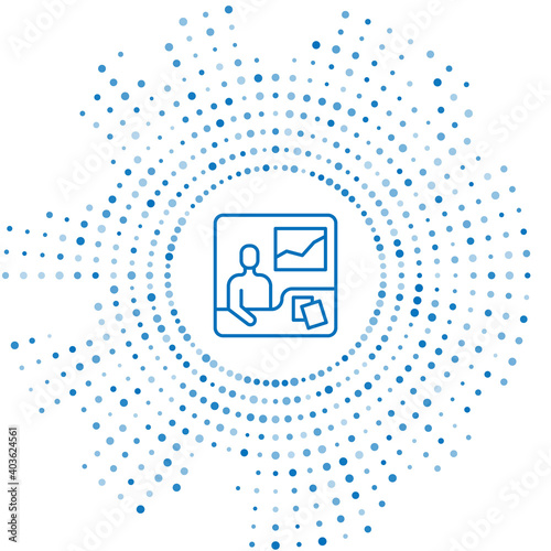 Blue line Trading courses icon isolated on white background. Distance learning finance management, buying and selling assets in the stock markets. Abstract circle random dots. Vector.