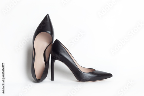 Black shoes. Black high heels on white background