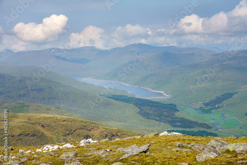 Views of Loch Lyon and Lubreoch power station, dam wall from the summit of Meall Ghaordaidh above Loch Tay in the Scottish Highlands, UK.