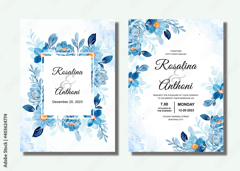 Set wedding invitation card with blue floral watercolor