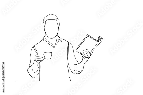 continuous line drawing of business man reading book and drinking cup of coffee. Single one line art of worker lifestyle. Vector illustration