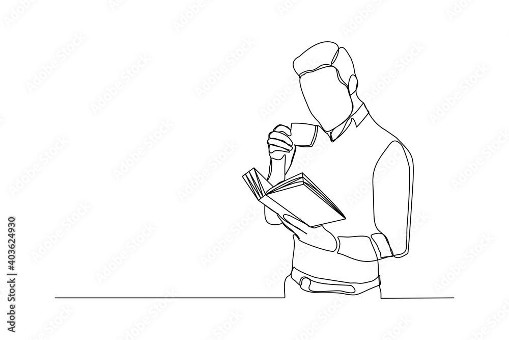 continuous line drawing of business man reading book and drinking cup of coffee. Single one line art of worker lifestyle. Vector illustration continuous line drawing of business man reading book and drinking cup of coffee. Single one line art of worker lifestyle. Vector illustration