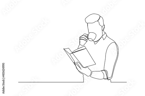 continuous line drawing of business man reading book and drinking cup of coffee. Single one line art of worker lifestyle. Vector illustration