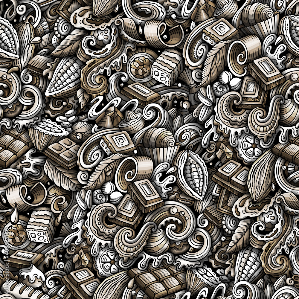 Chocolate hand drawn doodles seamless pattern. Cocoa raster illustration.