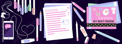 A desk of a penpaller with kawaii outgoing mail, stationery, pens, mobile phone and letters. Top view. Illustration in a flat style, pastel colors. photo