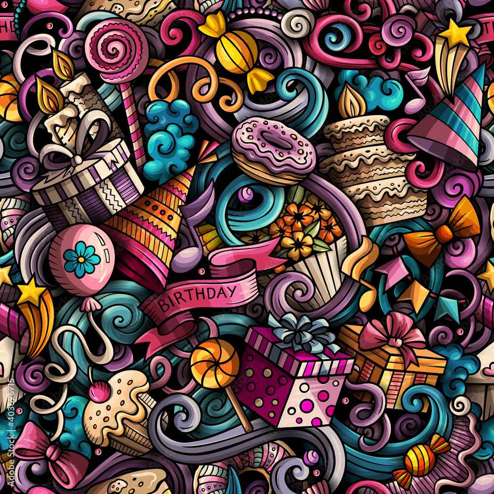 Happy Birthday hand drawn doodles seamless pattern. Happy Birthday hand drawn doodles seamless pattern.