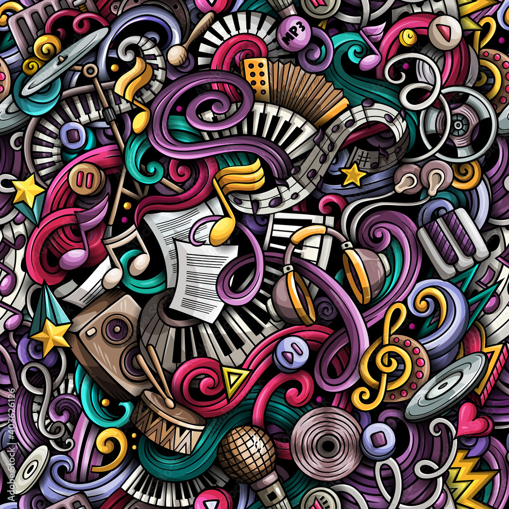Music hand drawn raster doodles seamless pattern.