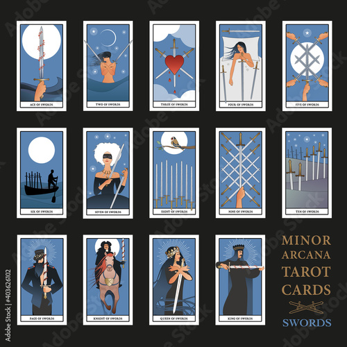 Minor Arcana Tarot cards. Swords From Ace to the figures of the Court. JPG  High resolution Stock Illustration | Adobe Stock