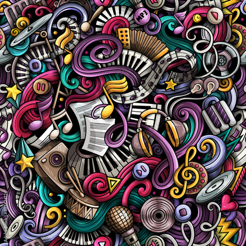Music hand drawn raster doodles seamless pattern.