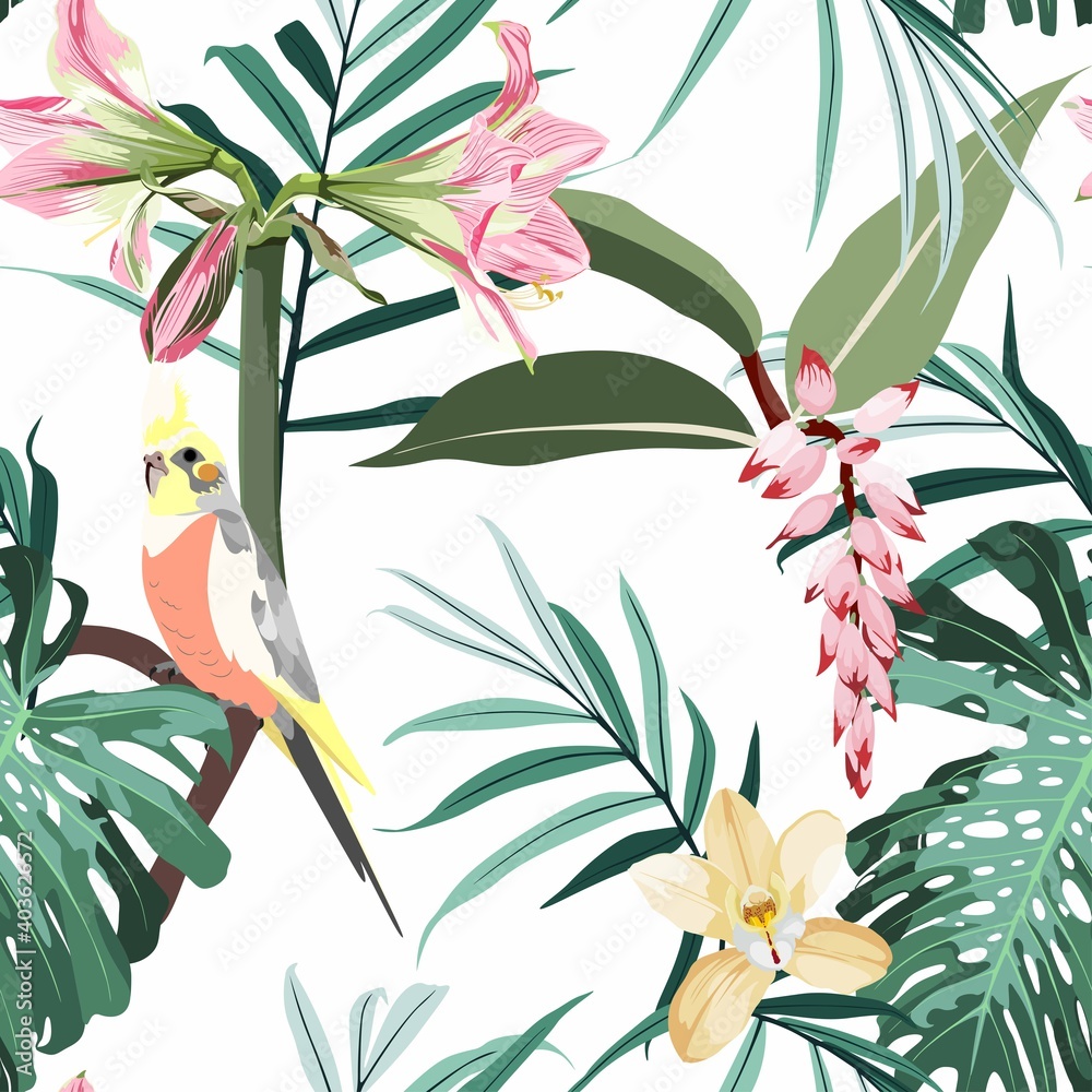 Fototapeta Seamless pattern with tropical parrots. Colorful exotic yellow Bird, leaves and pink flowers, plants and branches art print for textile, fabric, covers.