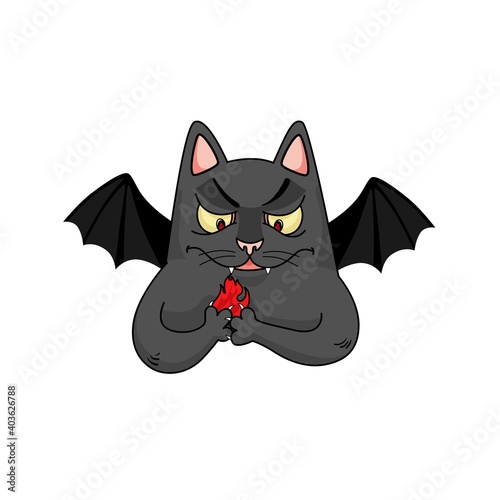 Vector devil's cat with fire in his paws.  Funny character with bat wings. Halloween design