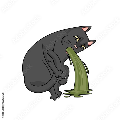 Vector black cat puking. Nausea, vomit. The cat is sick and feels bad. Character design