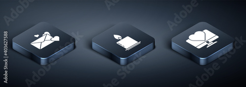 Set Isometric Envelope with heart, Computer monitor with heart and Burning candle icon. Vector.