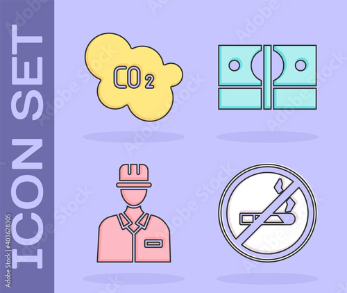 Set No Smoking, CO2 emissions in cloud, Oilman and Stacks paper money cash icon. Vector.