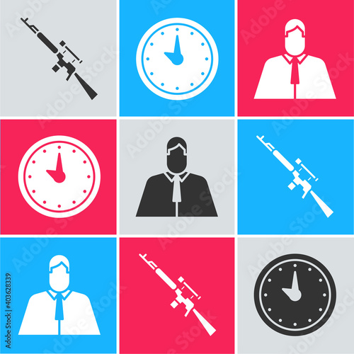 Set Sniper rifle with scope, Clock and Lawyer, attorney, jurist icon. Vector.
