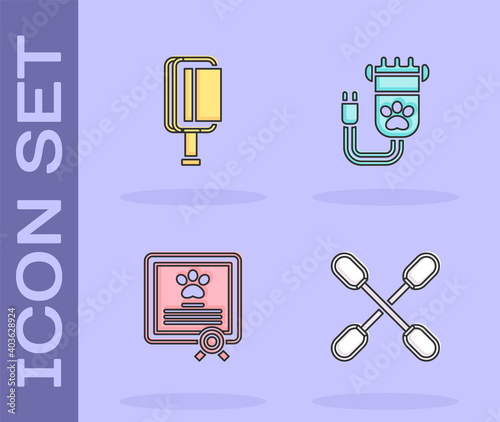 Set Cotton swab for ears, Hair brush dog and cat, Certificate and clipper pet icon. Vector.