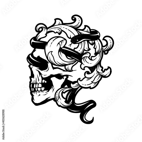 Skull with a snake and vintage leaves. Vector illustration.