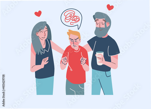 Cute illustration of supportive family with child. Kind understanding parents support and calm down troubled stressed frustrated teenager son. Angry boy and emotionally stable loving mother and father