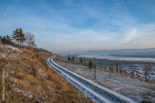 winter, day, nature, fog, reflections, snow, snowdrift, trees, landscape, slope, walk, distance, horizon, expanse, sky, river, shore, mountains, island, ice, railway, road, path, path, light, shadow