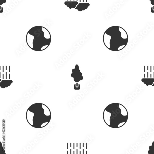 Set Cloud with rain, Tree and Earth globe on seamless pattern. Vector.